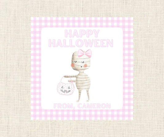 Happy Halloween | Pink Mummy Halloween Gift Tag| Watercolor Printable Halloween