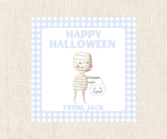 Happy Halloween | Blue Boy Mummy Gift Tag| Watercolor Printable Halloween