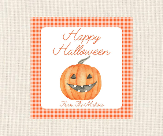 Happy Halloween | Orange Gingham Jack-O-Lantern Gift Tag| Watercolor Printable Halloween