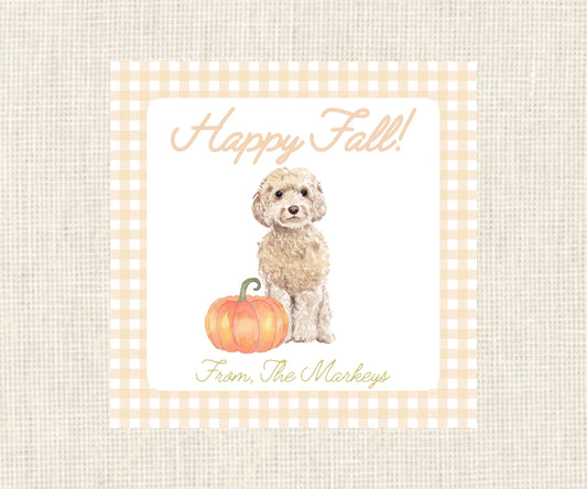 Happy Fall | Watercolor Pumpkin Golden Doodle Dog Gift Tag| Watercolor Printable Halloween