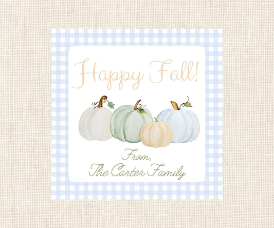 Happy Fall | Blue Gingham Pumpkins Gift Tag| Watercolor Printable Halloween