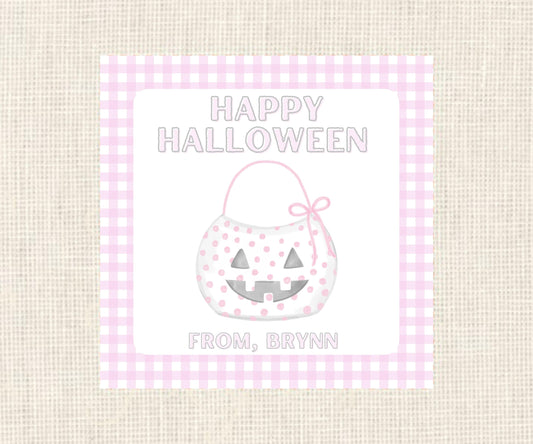 Happy Halloween | Pink Jack-O-Lantern Bucket Gift Tag| Watercolor Printable Halloween