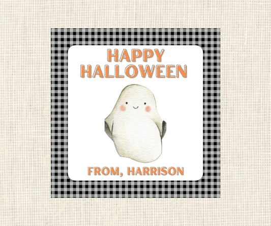 Happy Halloween | Black Gingham Ghost Gift Tag| Watercolor Printable Halloween