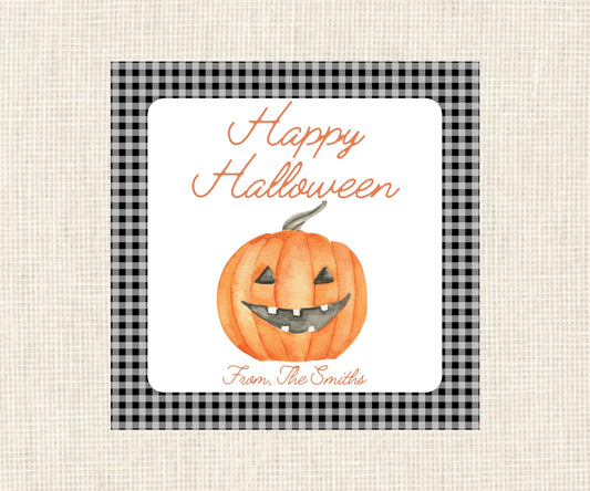 Happy Halloween | Black Gingham Jack-O-Lantern Gift Tag| Watercolor Printable Halloween