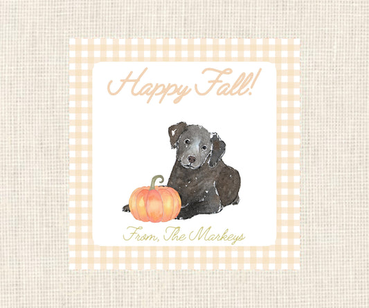 Happy Fall | Watercolor Pumpkin Black Lab Dog Gift Tag| Watercolor Printable Halloween