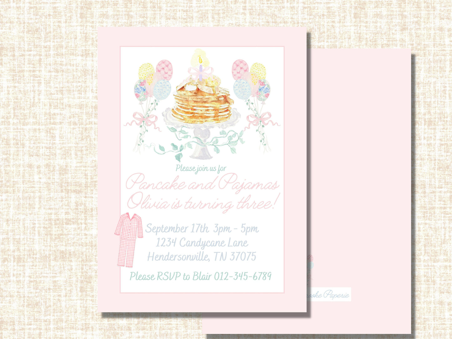 Watercolor Pancake and Pajamas Birthday Invitation | Birthday Invitations Girl | Pajama Birthday | Pancake Birthday | Birthday Invitation