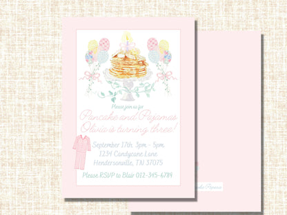 Watercolor Pancake and Pajamas Birthday Invitation | Birthday Invitations Girl | Pajama Birthday | Pancake Birthday | Birthday Invitation