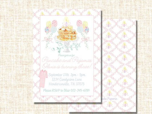 Watercolor Pancake and Pajamas Birthday Invitation | Birthday Invitations Girl | Pajama Birthday | Pancake Birthday | Birthday Invitation