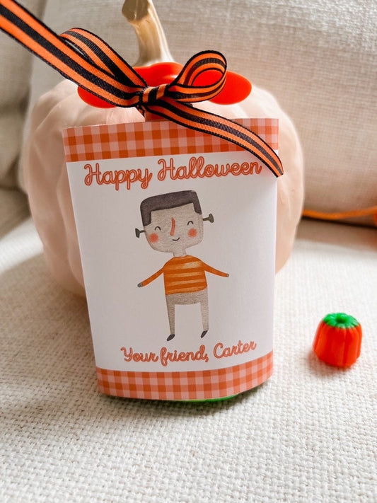 Watercolor Orange Frankenstein Applesauce Pouch Halloween Printable | Halloween Applesauce Pouch Tag | Halloween Applesauce Pouch Label