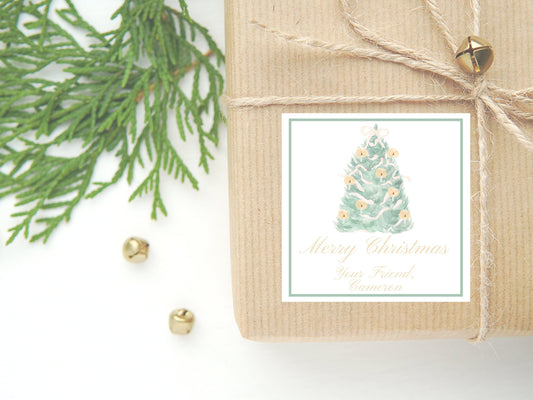 Personalized Watercolor Christmas Gift Sticker or Card | Christmas Tree Enclosure Card | Square Gift Tag and Stickers | Watercolor Christmas