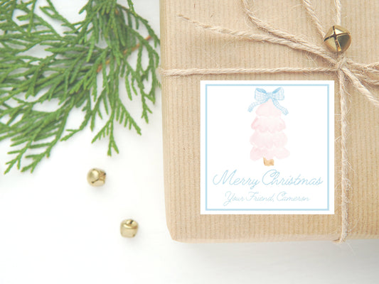 Personalized Watercolor Christmas Gift Sticker or Card | Christmas tree Enclosure Card | Square Gift Tag and Stickers | Pink Christmas