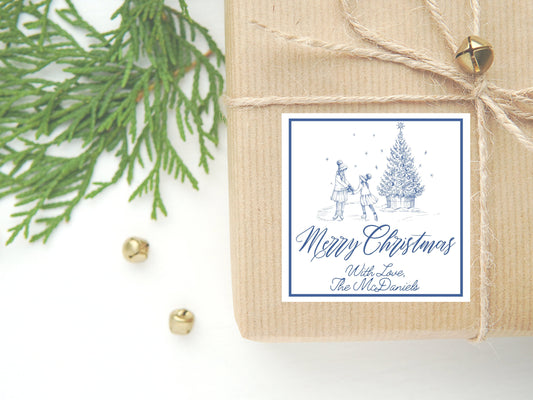 Personalized Watercolor Christmas Gift Sticker or Card | Blue Christmas Enclosure Card | Square Gift Tag and Stickers | Watercolor Christmas