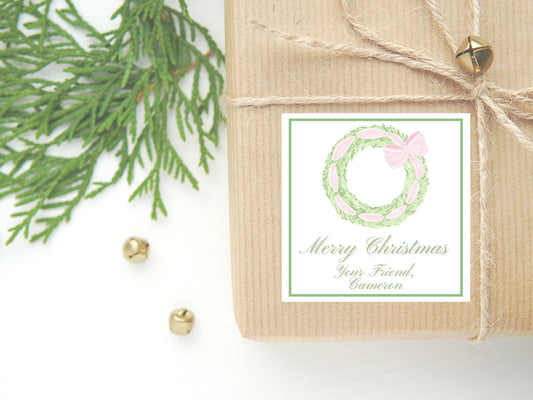 Personalized Watercolor Christmas Gift Sticker or Card | Wreath Bow Enclosure Card | Square Gift Tag and Stickers | Pink Christmas