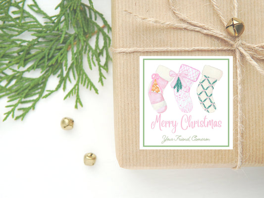 Personalized Watercolor Christmas Gift Sticker or Card | Stocking Enclosure Card | Square Gift Tag and Stickers | Pink Christmas