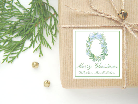 Personalized Watercolor Christmas Gift Sticker or Card | Wreath Enclosure Card | Square Gift Tag and Stickers | Blue Christmas