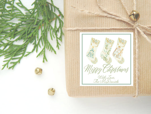 Personalized Watercolor Christmas Gift Sticker or Card | Stocking Enclosure Card | Square Gift Tag and Stickers | Watercolor Christmas