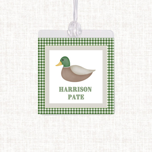 Personalized Watercolor Duck Bag Tag | Laminated Boy Luggage Tag | Gingham Diaper Bag Tag | Beach Bag Tag | Mallard Bag Tag