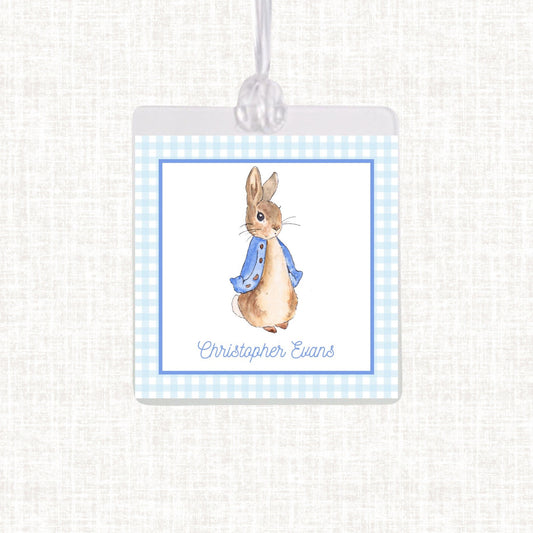 Personalized Watercolor Peter Rabbit Bag Tag | Laminated Boy Luggage Tag | Gingham Diaper Bag Tag | Beach Bag Tag |