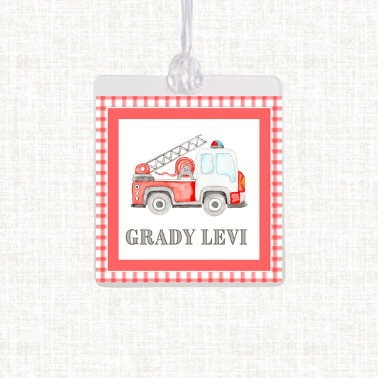 Personalized Watercolor Firetruck Bag Tag | Laminated Boy Luggage Tag | Gingham Diaper Bag Tag | Beach Bag Tag |