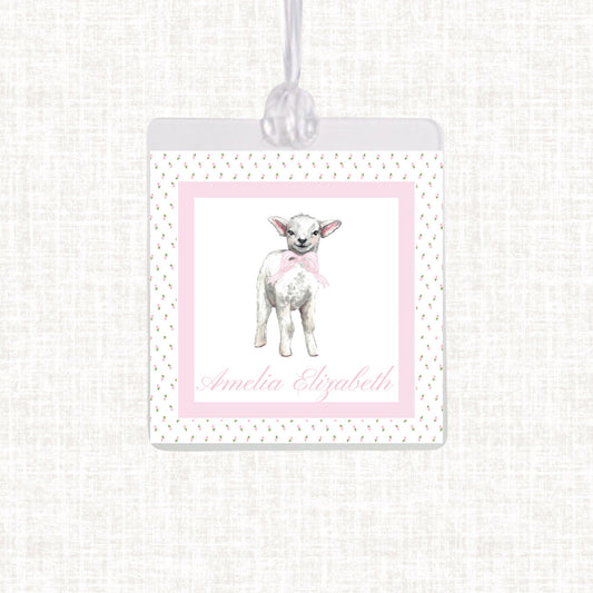 Personalized Watercolor Lamb Bow Bag Tag | Laminated Girl Luggage Tag | Gingham Diaper Bag Tag | Beach Bag Tag