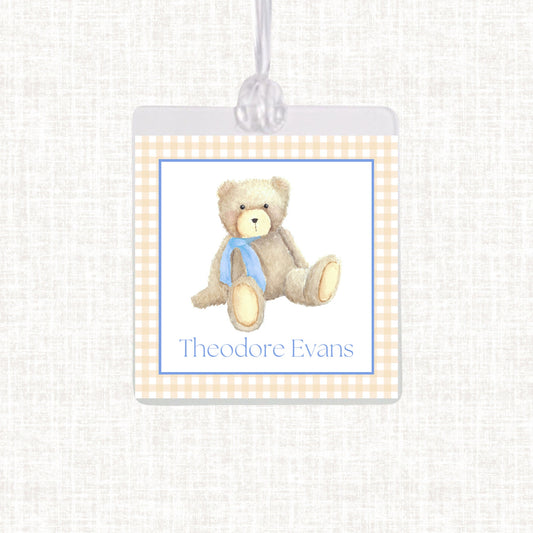 Personalized Watercolor Teddy Bear Bag Tag | Laminated Boy Luggage Tag | Gingham Diaper Bag Tag | Beach Bag Tag |