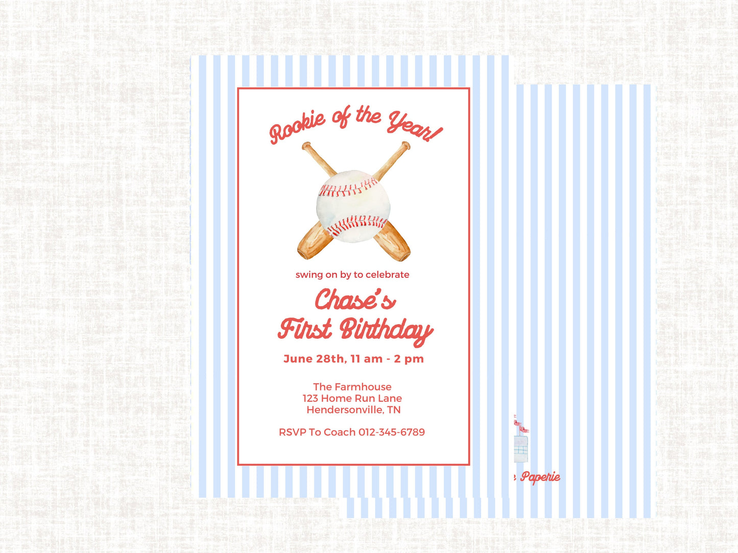 Watercolor Baseball Birthday Invitation | Boy Baseball Birthday Party Invite | Editable Watercolor Rookie of the Year | Boy First Birthday