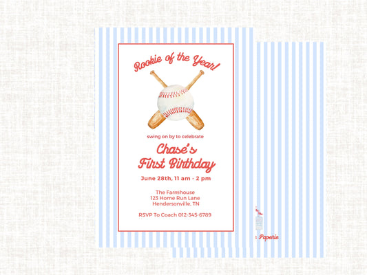 Watercolor Baseball Birthday Invitation | Boy Baseball Birthday Party Invite | Editable Watercolor Rookie of the Year | Boy First Birthday