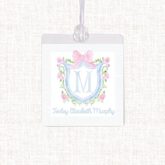 Personalized Watercolor Monogram Bow Bag Tag | Laminated Girl Luggage Tag | Gingham Diaper Bag Tag | Beach Bag Tag