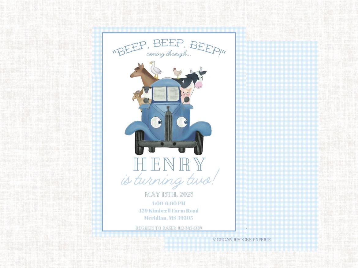 Watercolor Blue Truck Birthday Invitation | Boy Farm Birthday Party Invite | Editable Watercolor Farm Party Invite | Boy Second Birthday