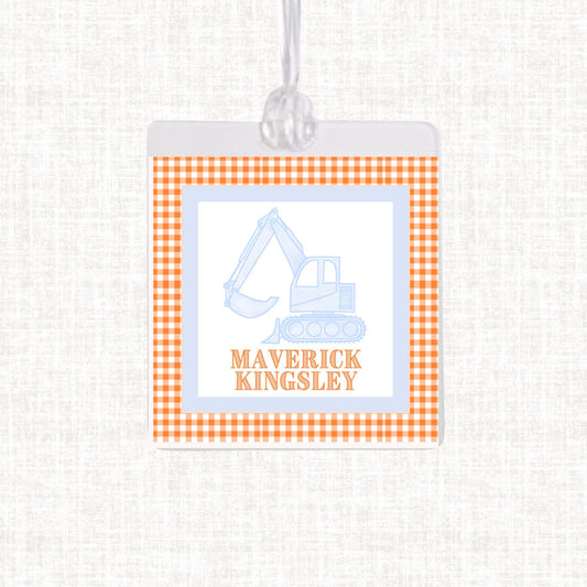 Personalized Watercolor Construction Bag Tag | Laminated Boy Luggage Tag | Gingham Diaper Bag Tag | Beach Bag Tag |