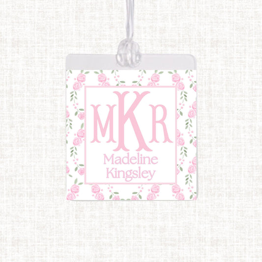 Personalized Watercolor Monogram Floral Bag Tag | Laminated Girl Luggage Tag |Gingham Diaper Bag Tag| Beach Bag Tag | Rose Floral Bag Tag